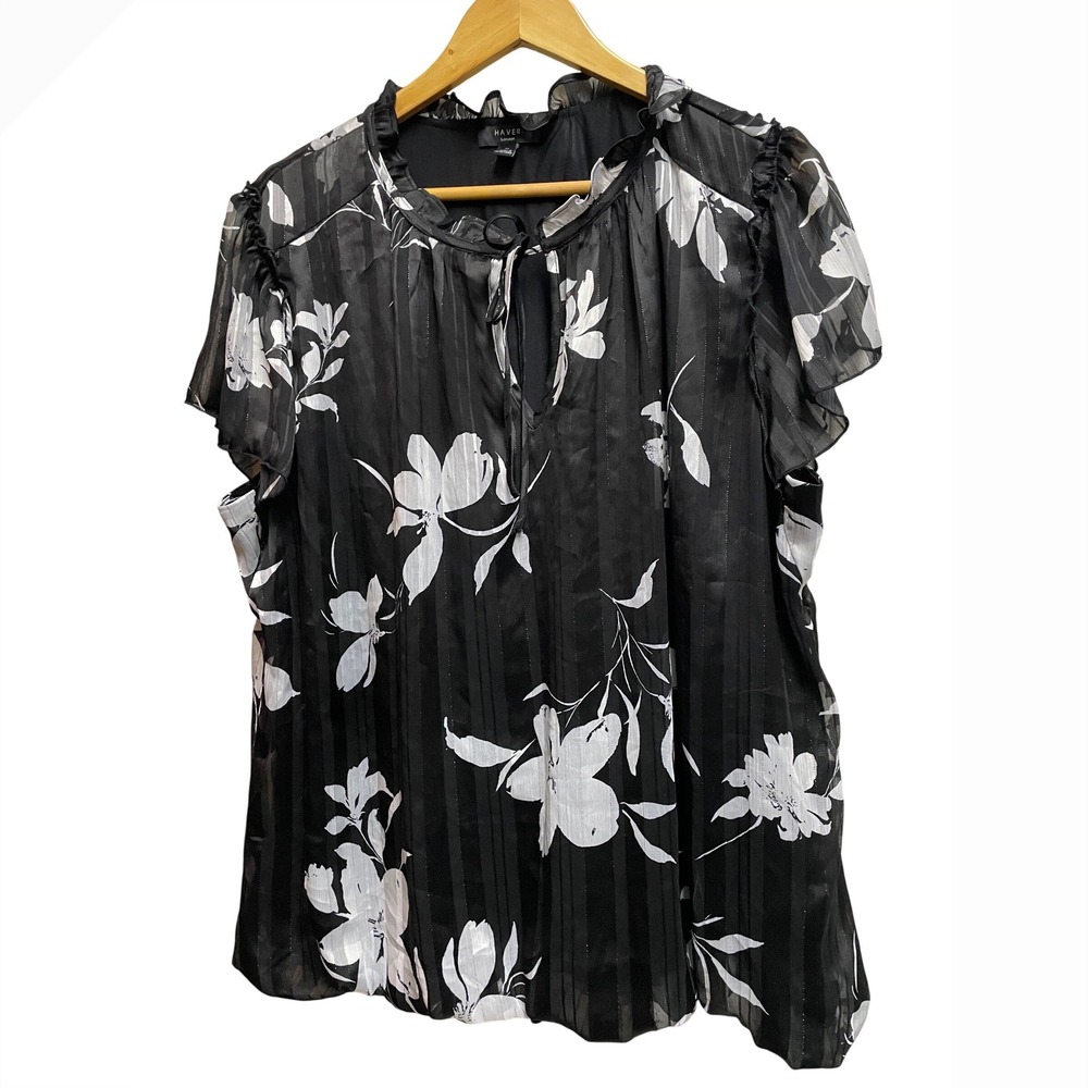 Haver London Women 2X Black White Floral Metallic Stripe Ruffle Keyhole Blouse